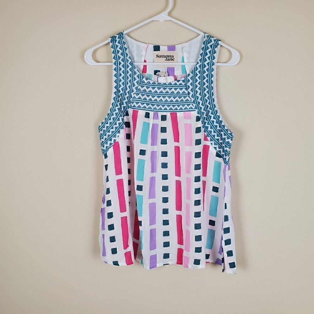 Savanna Jane Embroidered Printed Sleeveless Top Small